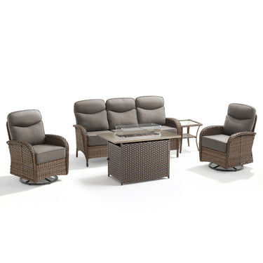 Luxury 5-Piece Rattan Patio Furniture Set with Wicker Fire Pit Table – 6" Cushions for Garden & Backyard Living, ND Series - Belord