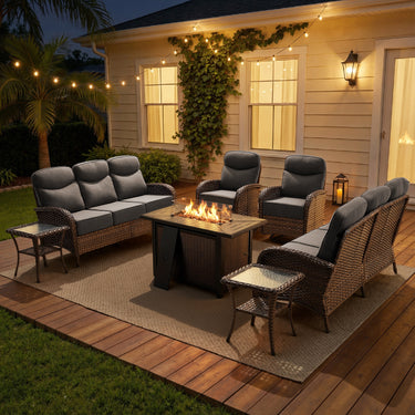 Modern 7-Piece Patio Conversation Set with Rectangular Fire Pit Table – All-Weather Wicker & High Back Comfort, ND Series - Belord