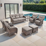 Belord 8-piece outdoor patio conversation set with brown PE wicker, grey cushions, includes sofa, chairs, footstools, and side table.