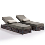 Set of 2 brown wicker patio chaise lounges with grey cushions, reclining backs, part of Belord NTC series for poolside relaxation