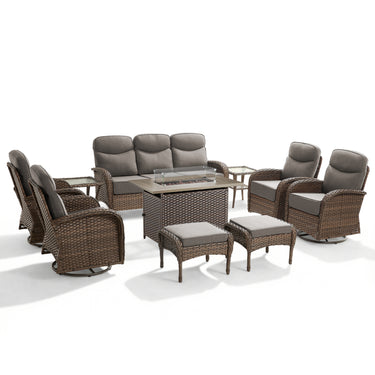 Elegant 10-Piece Rattan Patio Set with Wicker Fire Pit Table – Designed for Cozy Summer Nights, ND Series - Belord