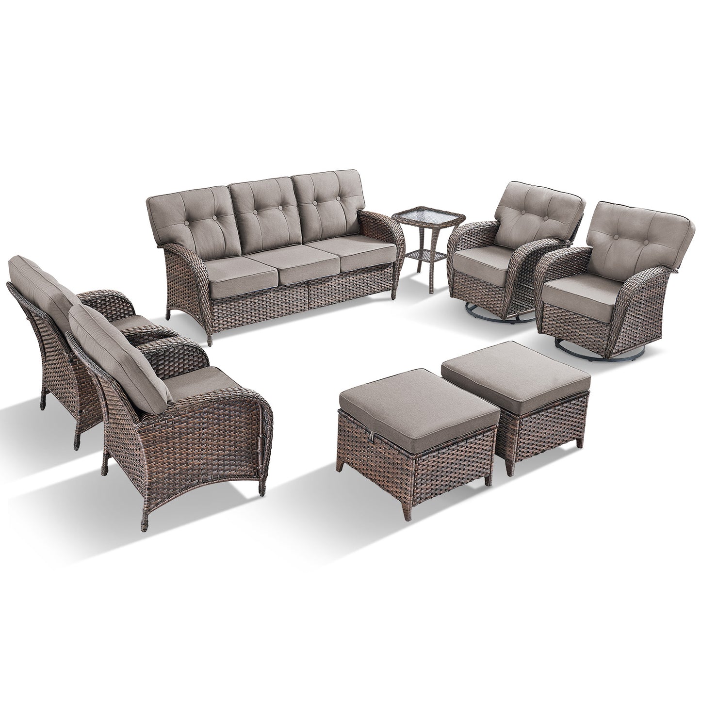 Premium 8-Piece Outdoor Sofa Set: 3-Person Sofa + 2 Swivel Rocking Chairs + 2 Patio Chairs + Side Table + 2 Footstools - Heavy Duty PE Wicker with Supportive 5" High-Density (28D) Cushions, T Series
