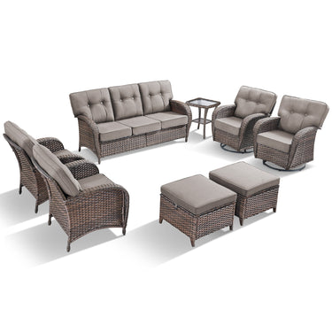 Belord 8-piece outdoor patio conversation set with brown PE wicker, grey cushions, includes sofa, swivel chairs, patio chairs, table, and footstools.
