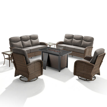 Modern 7-Piece Patio Conversation Set with Rectangular Fire Pit Table – All-Weather Wicker & High Back Comfort, ND Series - Belord