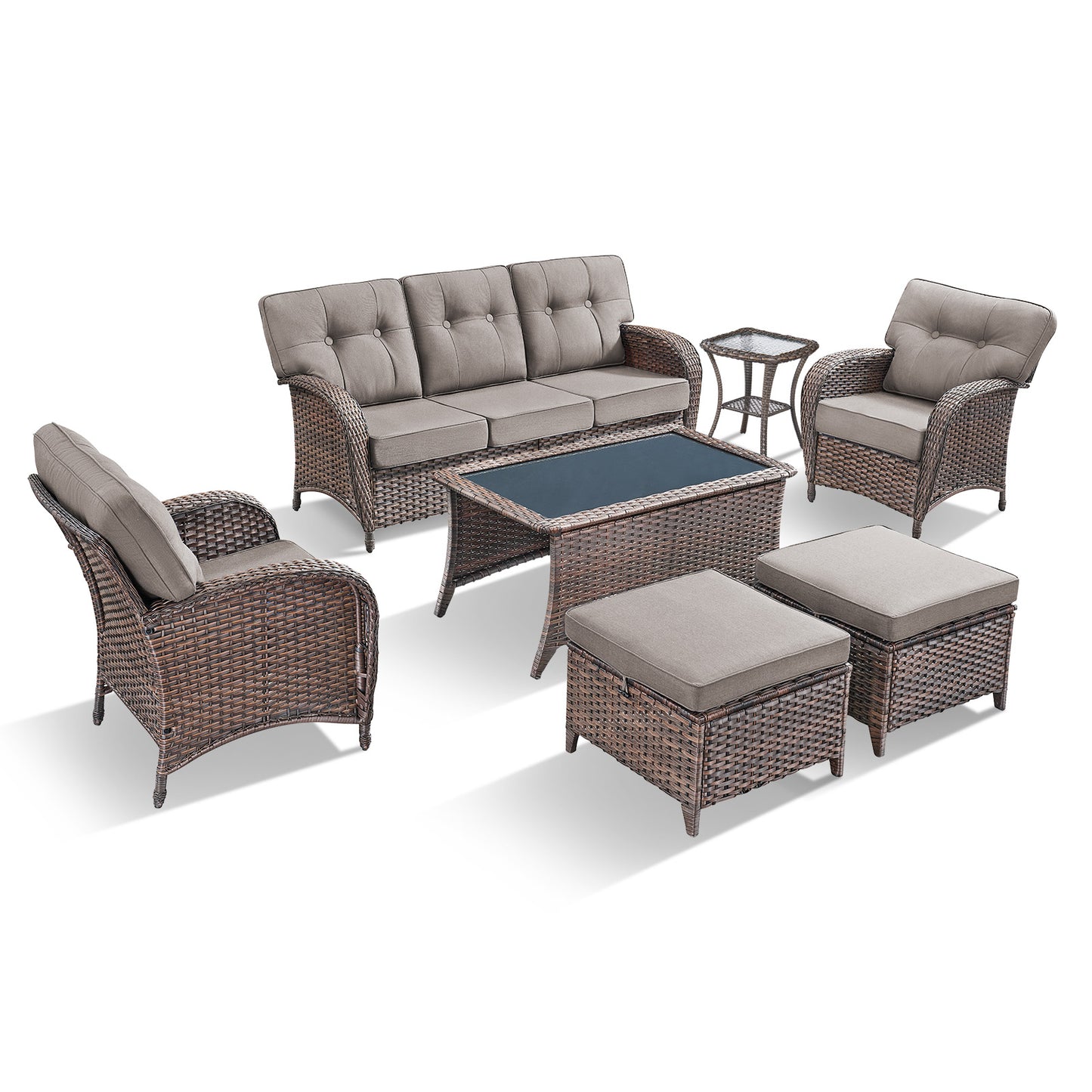 Premium 7-Piece Patio Set: 3-Seater Sofa with T-Back Design + 2 Patio Chairs + Side Table + Coffee Table + 2 Footstools - Supportive 5" Thick Cushions & Durable PE Wicker (T Series)