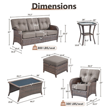 Belord 7-piece patio set with brown wicker, grey cushions, including 3-seater sofa, chairs, tables, and footstools.