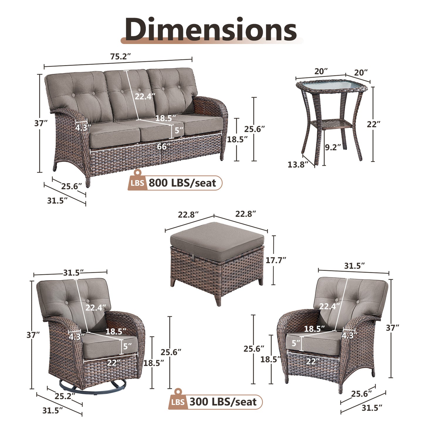 Premium 8-Piece Outdoor Sofa Set: 3-Person Sofa + 2 Swivel Rocking Chairs + 2 Patio Chairs + Side Table + 2 Footstools - Heavy Duty PE Wicker with Supportive 5" High-Density (28D) Cushions, T Series