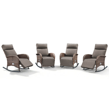 Premium 4-Piece Wicker Rocking Recliner Chair Set with Adjustable Backrest & Footrest, Cushioned PE Rattan Patio Lounge Chairs, NDS Series - Belord
