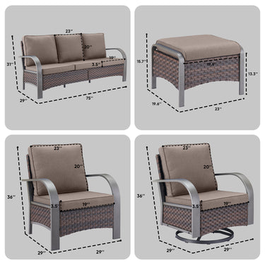 Patio Conversation Set 7-Piece with 1 Sofa, 2 Swivel Glider Chairs, 2 Patio Chairs, 2 Ottoman, HW Series - Belord
