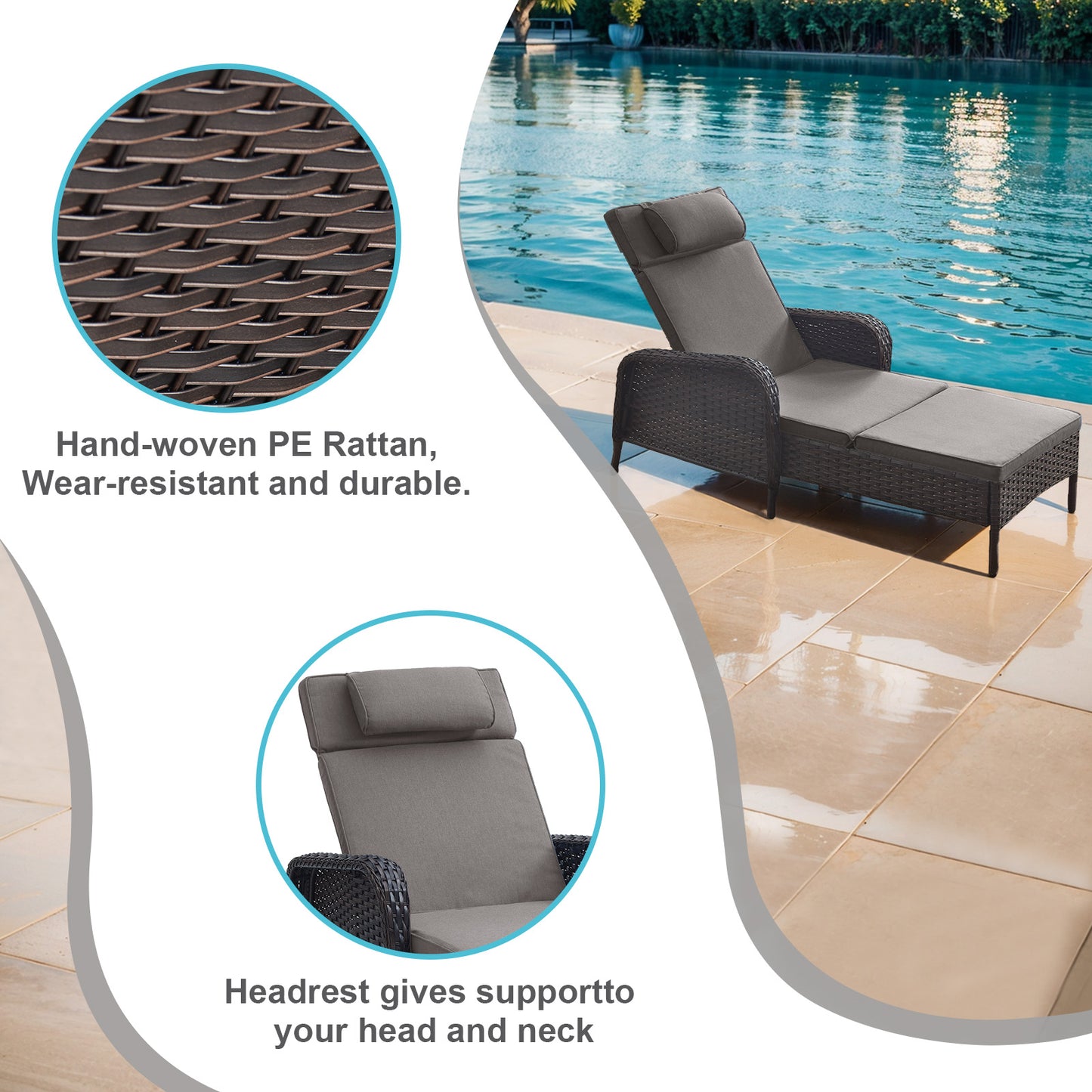 3-Piece Outdoor Wicker Lounge Set – 2 Adjustable 75" Chaise Lounges + Side Table, All-Weather Rattan, NTC Series