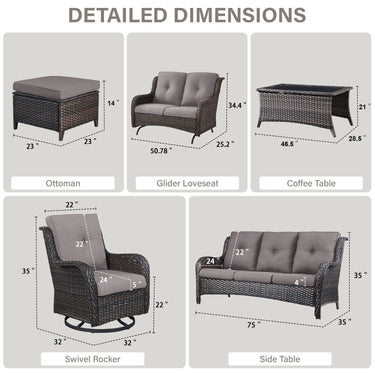 Patio Conversation Set 7-Piece with Sofa, Glider Loveseat, Swivel Glider Chairs, Ottoman and Coffee Table, NTC Series - Belord