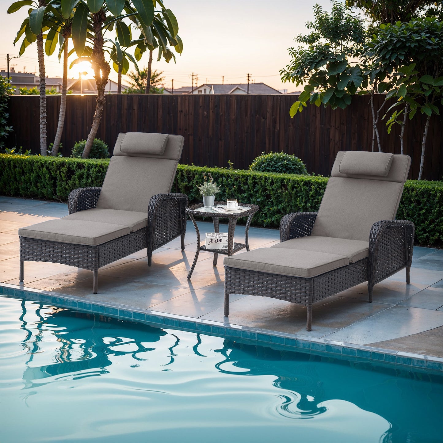 3-Piece Outdoor Wicker Lounge Set – 2 Adjustable 75" Chaise Lounges + Side Table, All-Weather Rattan, NTC Series