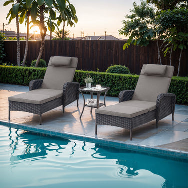 3-Piece Outdoor Wicker Lounge Set – 2 Adjustable 75" Chaise Lounges + Side Table, All-Weather Rattan, NTC Series - Belord