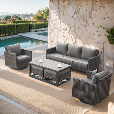 Patio Conversation Set 6-Piece with Sofa, Swivel Glider Chairs, Coffee Table, and Ottoman, GRS Series - Belord