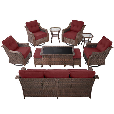 10-Piece Luxury Outdoor Conversation Set - 4 High Back Swivel Rocker Chairs + 3-Seater Sofa with Wicker Ottoman & Coffee Table, Ovolo Series - Belord