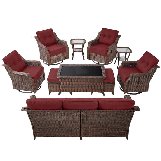 10-Piece Luxury Outdoor Conversation Set - 4 High Back Swivel Rocker Chairs + 3-Seater Sofa with Wicker Ottoman & Coffee Table, Ovolo Series