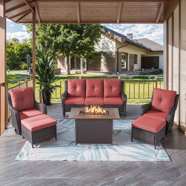 Belord 6-piece wicker patio conversation set with red cushions, fire pit table, and swivel chairs in a brown wicker finish.