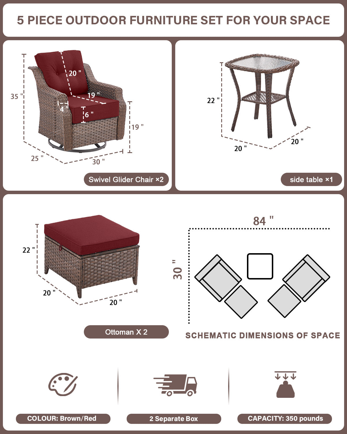 Luxury 5-Pc Rattan Patio Set - 2 Swivel Glider Chairs with Ottoman & Tempered Glass Side Table, 6" Premium Removable Cushions, Ovolo Series
