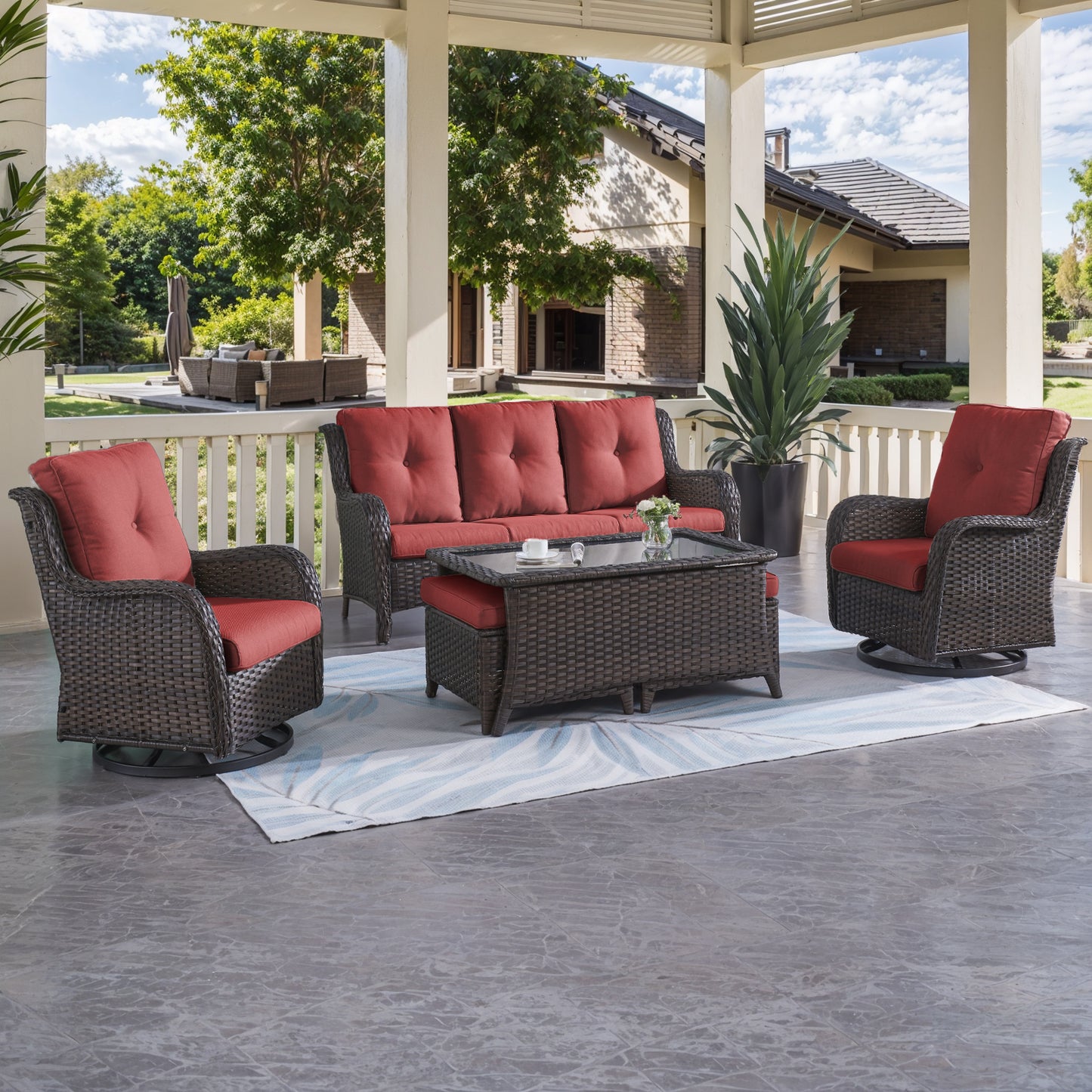 Patio Conversation Set 6-Piece with Sofa, 2-Swivel Glider Chairs, Coffee Table, and 2-Ottoman, NTC Series - B2B Wholesale