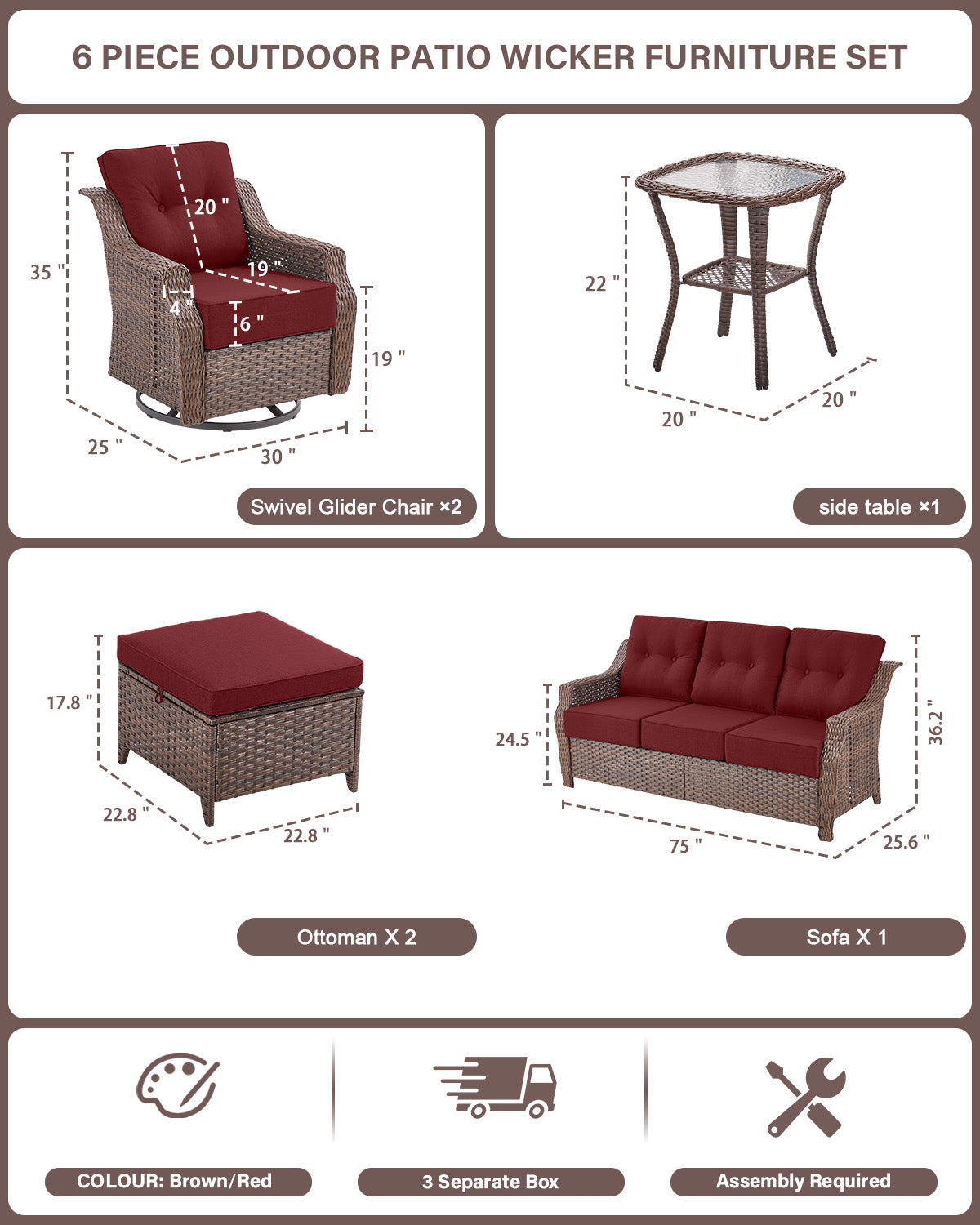 6-Piece Luxury Outdoor Patio Set - High Back Wicker Swivel Glider Chairs with Sofa & Ottoman, Ovolo Series