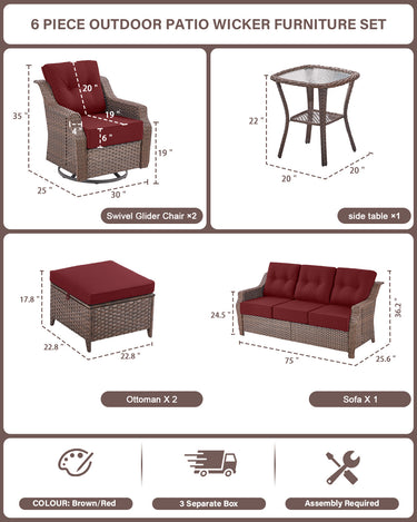 6-Piece Luxury Outdoor Patio Set - High Back Wicker Swivel Glider Chairs with Sofa & Ottoman, Ovolo Series - Belord
