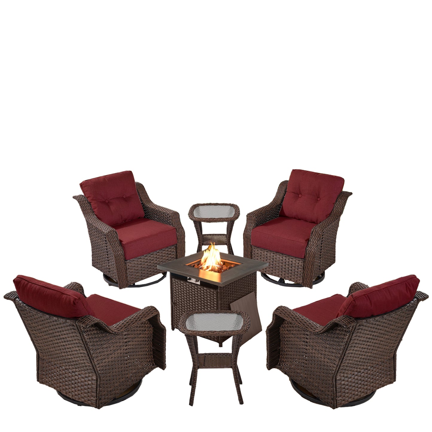 Luxury 7-Piece Outdoor Fire Pit Set - 4 Swivel Glider Chairs with 30" Propane Table & 6" Thick Cushions, Ovolo Series