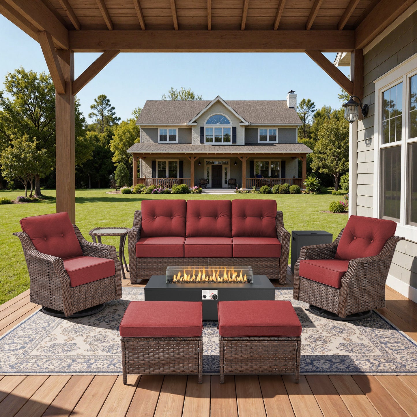 7-Piece Premium Patio Furniture Set with Fire Pit, 3-Seat Sofa, Swivel Chairs & Ottomans, All-Weather Wicker for Backyard & Deck