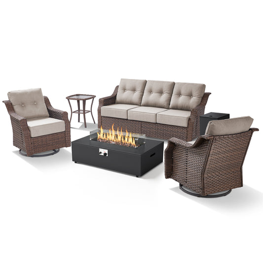 Luxury 5PC Outdoor Patio Set with Fire Pit, Heavy-Duty Rattan Sofa & Swivel Chairs, 6-Inch Cushions for Garden Parties & Backyard Relaxing