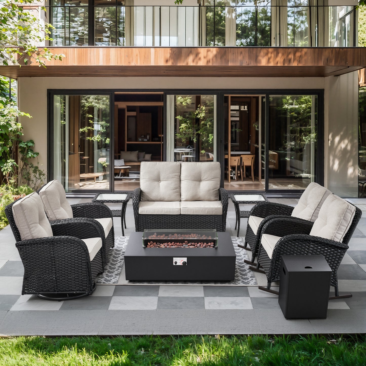 Outdoor Cozy Retreat: 8PC Set with Glider Loveseat, Swivel & Rocking Chairs, Side Tables, Split Fire Pit, NDS Series