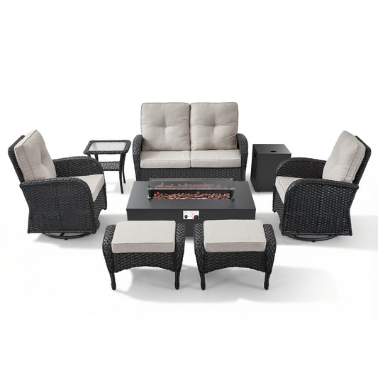 7-Piece Outdoor Conversation Set with Fire Pit, Glider Loveseat, 2 Swivel Chairs, Side Tables & 2 Ottomans