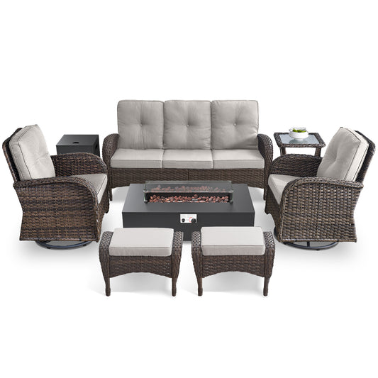 7PC Patio Conversation Set with Fire Pit, 3-Seat Sofa, 2 Swivel Chairs, Side Table & 2 Ottomans, NDS Series