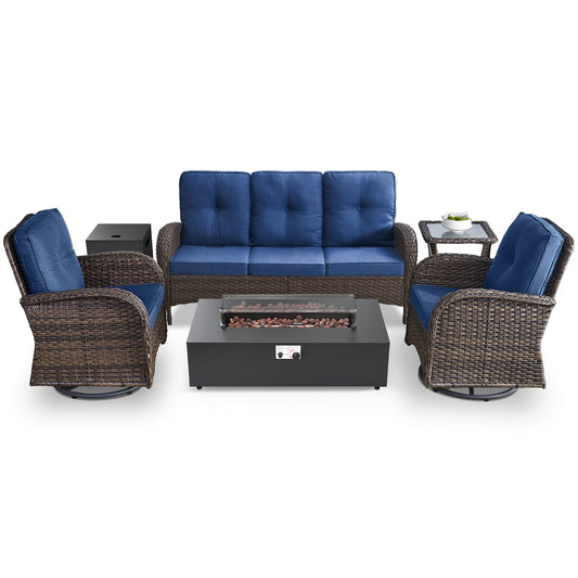5-Piece Patio Conversation Set with 3-Seat Sofa, 2 Swivel Chairs, Side Table & Split Fire Pit, NDS Series