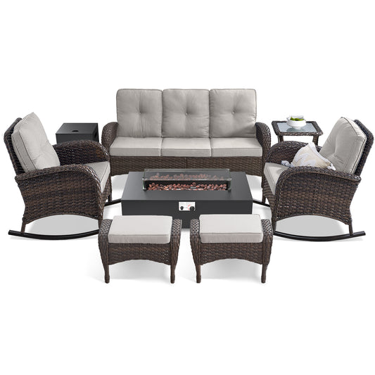 7-Piece Patio Conversation Set with Fire Pit – Sofa, 2 Rocking Chairs, Side Table & 2 Ottomans, NDS Series