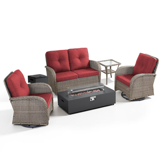 Outdoor Patio Conversation Set for Relaxing & Fire Warmth with Glider Loveseat, Swivel Chairs, and Fire Pit, NDS Series