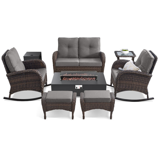 7PC Patio Conversation Set with Fire Pit, Double Glider Chair, 2 Rocking Chairs, Side Table & 2 Ottomans, NDS Series