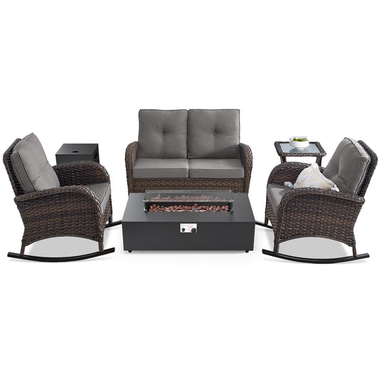 5PC Patio Conversation Set with Fire Pit, Double Glider Chair, 2 Rocking Chairs & Side Table, NDS Series