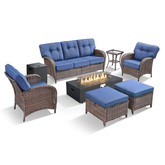 7PC Outdoor Patio Conversation Set with Fire Pit & Ottomans, Wicker Sofa and Chairs, 5-Inch Thick Cushions for Garden & Deck, T Series