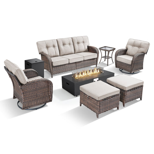 7PC Premium Patio Sofa Set with Fire Pit & Swivel Chairs, Hand-Woven Wicker with 5-Inch Cushions, T Series