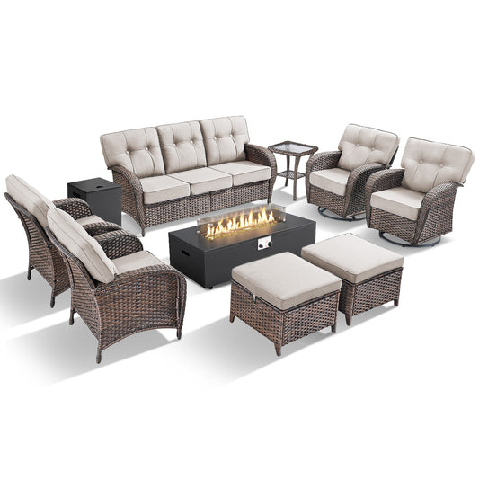 9-Piece Outdoor Patio Set with Fire Pit, Swivel Chairs, Ottomans & Sofa, Deep Seating with 5'' Cushions, T Series