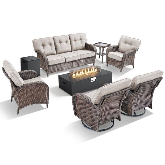 7PC Patio Conversation Set with Fire Pit, Swivel Chairs & Sofa, All-Weather Wicker with 5-Inch Thick Cushions, T Series