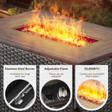 Belord 5-piece outdoor patio furniture set with wicker sofa, two chairs, gray fire pit, and side table, ideal for outdoor living.