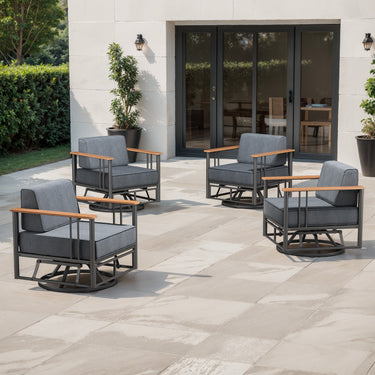 Belord 4-piece patio swivel chair set with blue cushions, all-weather design, part of the BINGLI Series for outdoor conversation.