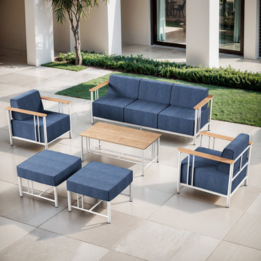 Belord 6-piece patio conversation set with sofa, swivel chairs, and ottomans from the BINGLI Series, featuring comfortable outdoor seating.