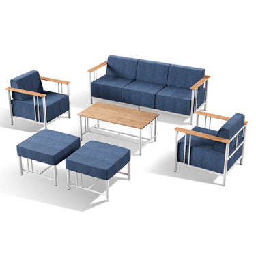 Belord 6-piece patio conversation set with sofa, swivel chairs, and ottomans from the BINGLI series, featuring white cushions and wooden frames.