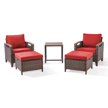 Belord 5-piece patio conversation set with two chairs, ottomans, and side table in a stylish BBR series outdoor furniture arrangement