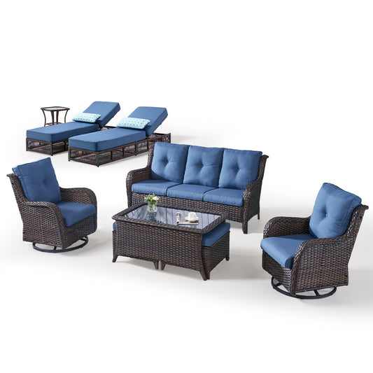9-Piece Wicker Patio Lounge Set – Sofa, 2 Swivel Rocker Chairs, Coffee Table, 2 Ottomans, 2 Adjustable Chaise Lounges & Side Table, NTC Series