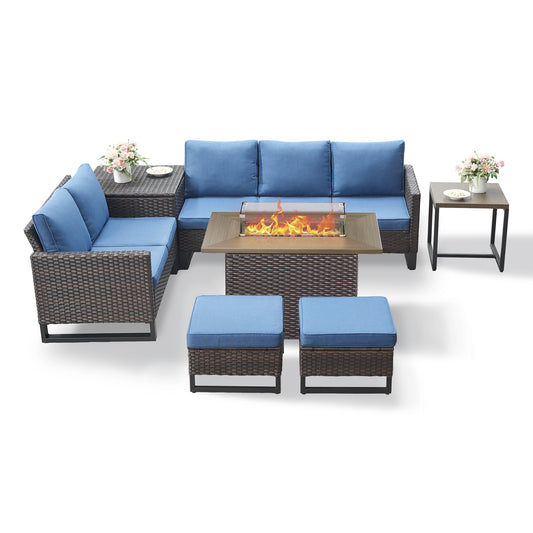 Patio Conversation Set with Fire Pit Table – Outdoor Sectional Set with Storage Box, Ottoman & Side Table, GRS Series