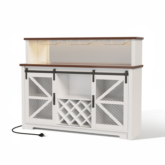 Save 50% - 55" Wide Farmhouse Coffee Bar Cabinet with LED Lighting – Sliding Barn Door Buffet with Wine & Glass Storage for Kitchen or Dining Room