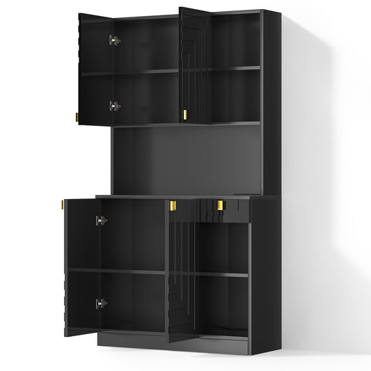 Save 50% - 71" Kitchen Pantry Cabinet with Power Outlet & Microwave Stand, High Gloss Buffet Organizer with Adjustable Shelves
