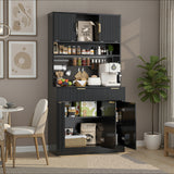 Black Belord 71-inch freestanding kitchen cabinet with power outlets, pegboard, microwave stand, and spice rack for organized storage.